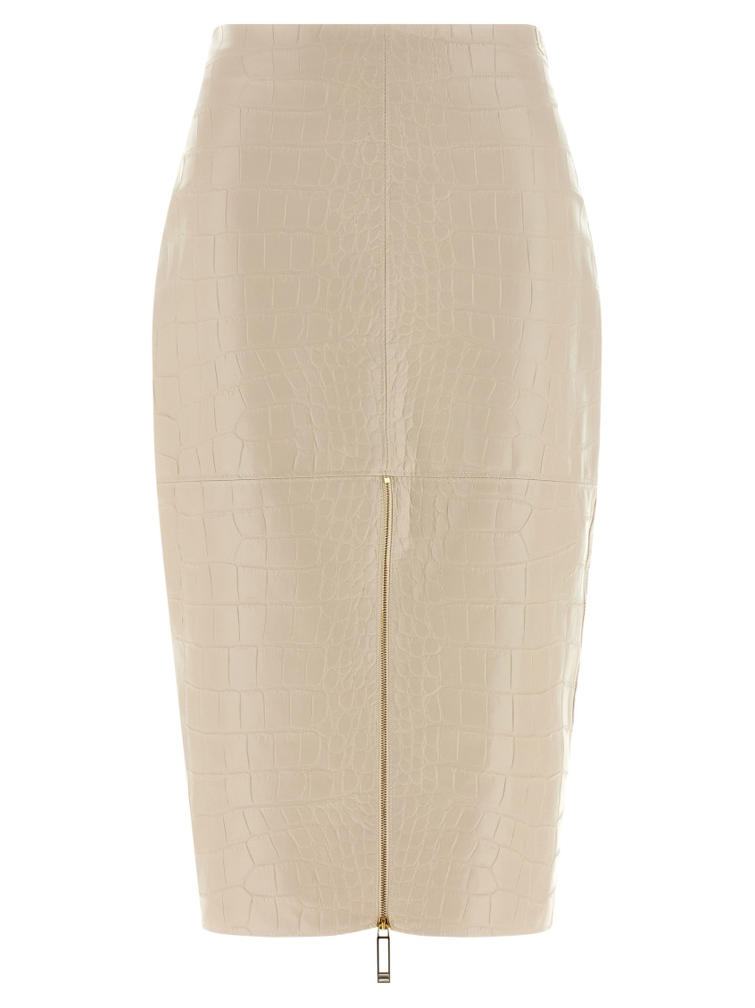 Elisabetta Franchi Croc Print Leather-effect Longuette Midi Skirt In Yellow