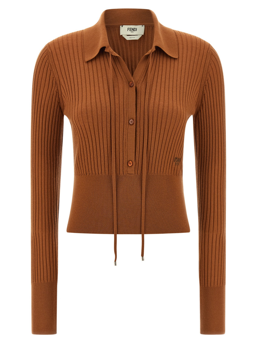 Fendi Textured Long Sleeve Collared Knit Top In Brown