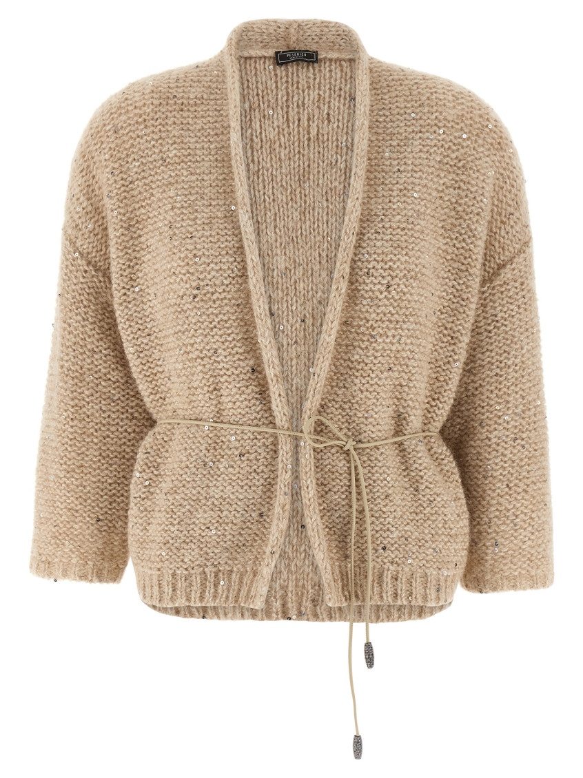 Peserico Sequin-embellished Belted Cardigan In Brown