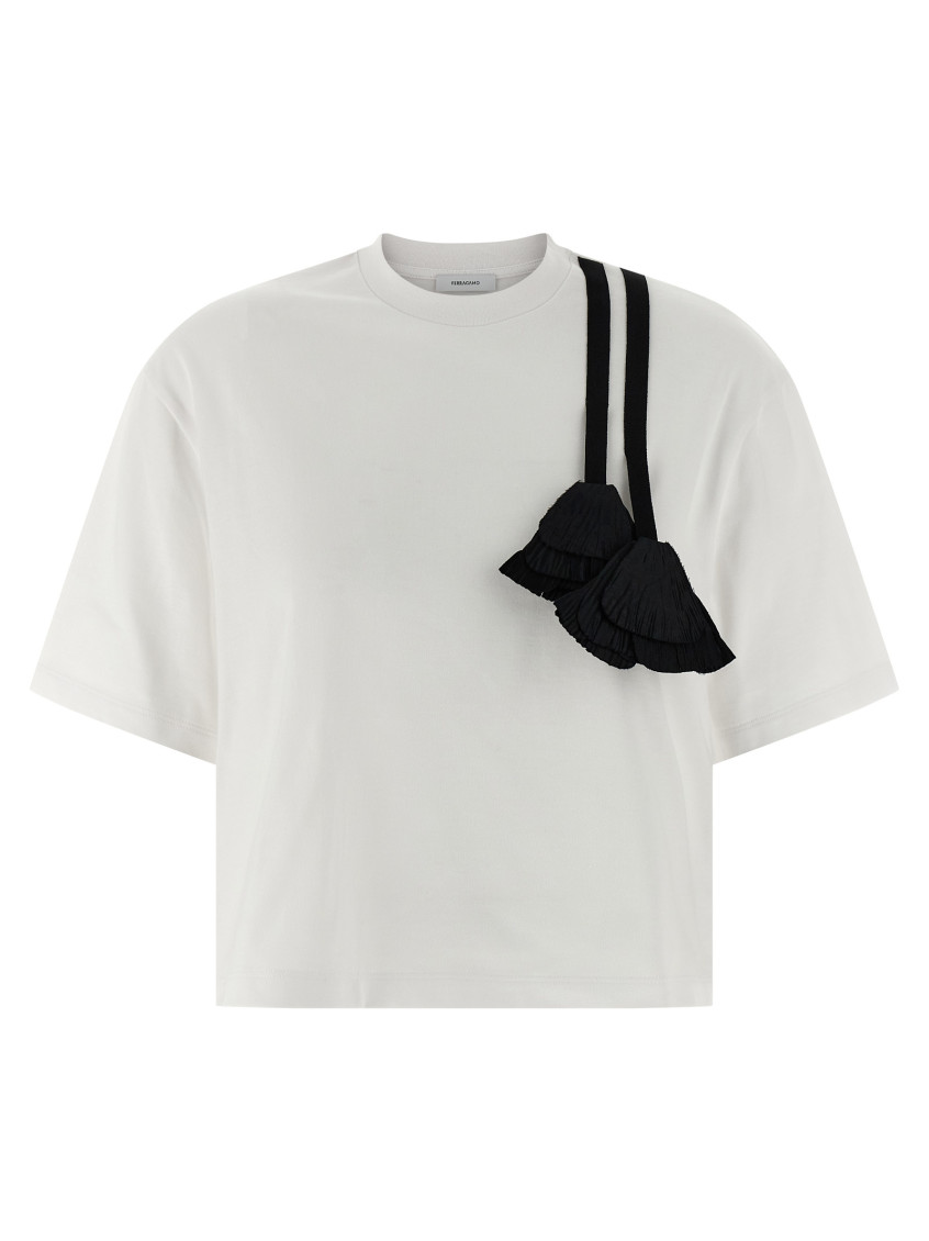 Ferragamo T-shirt With Floral Detail And Tassels In White
