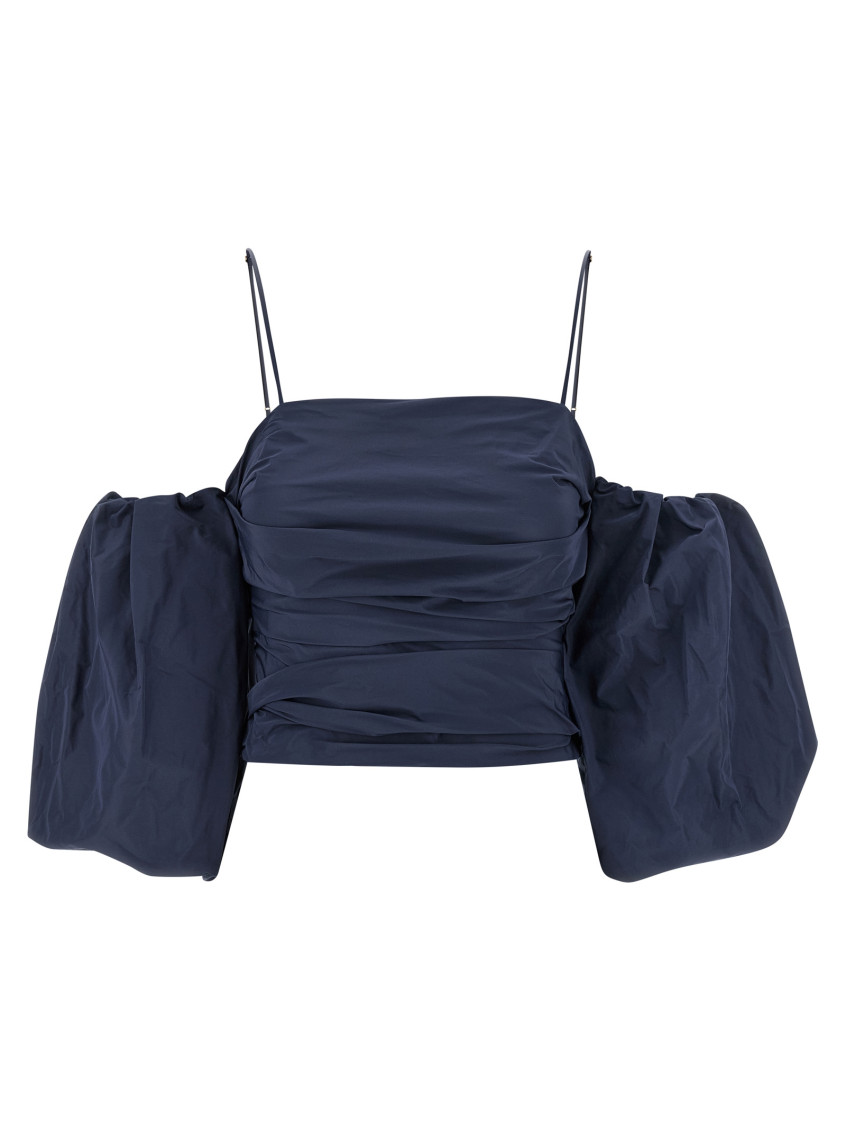 Pinko Cropped Top With Puff Sleeves And Straps In Blue