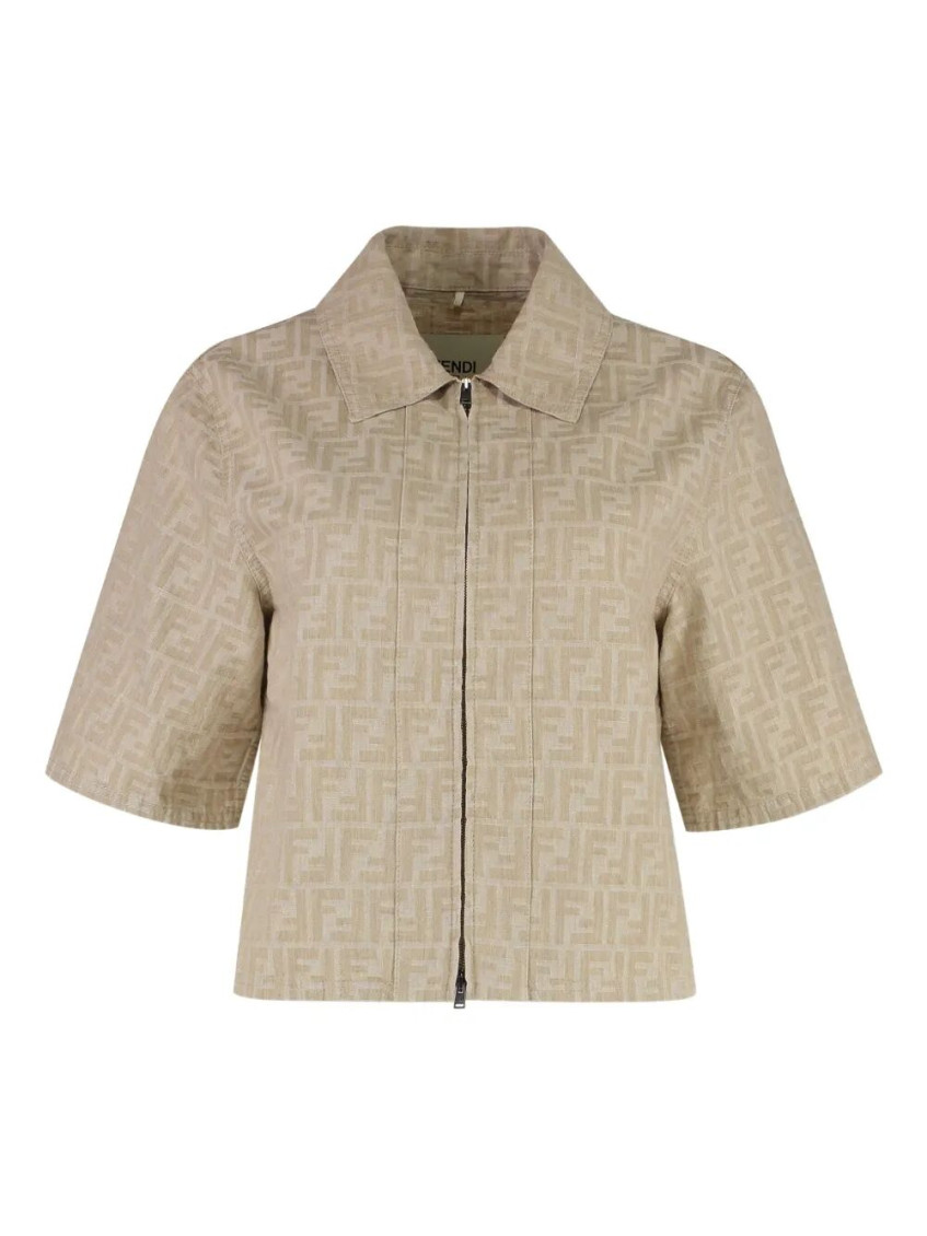 Fendi Women Beige Shirt With Classic Collar And Front Zip Closure In Chambray Ff Woman In Neutral