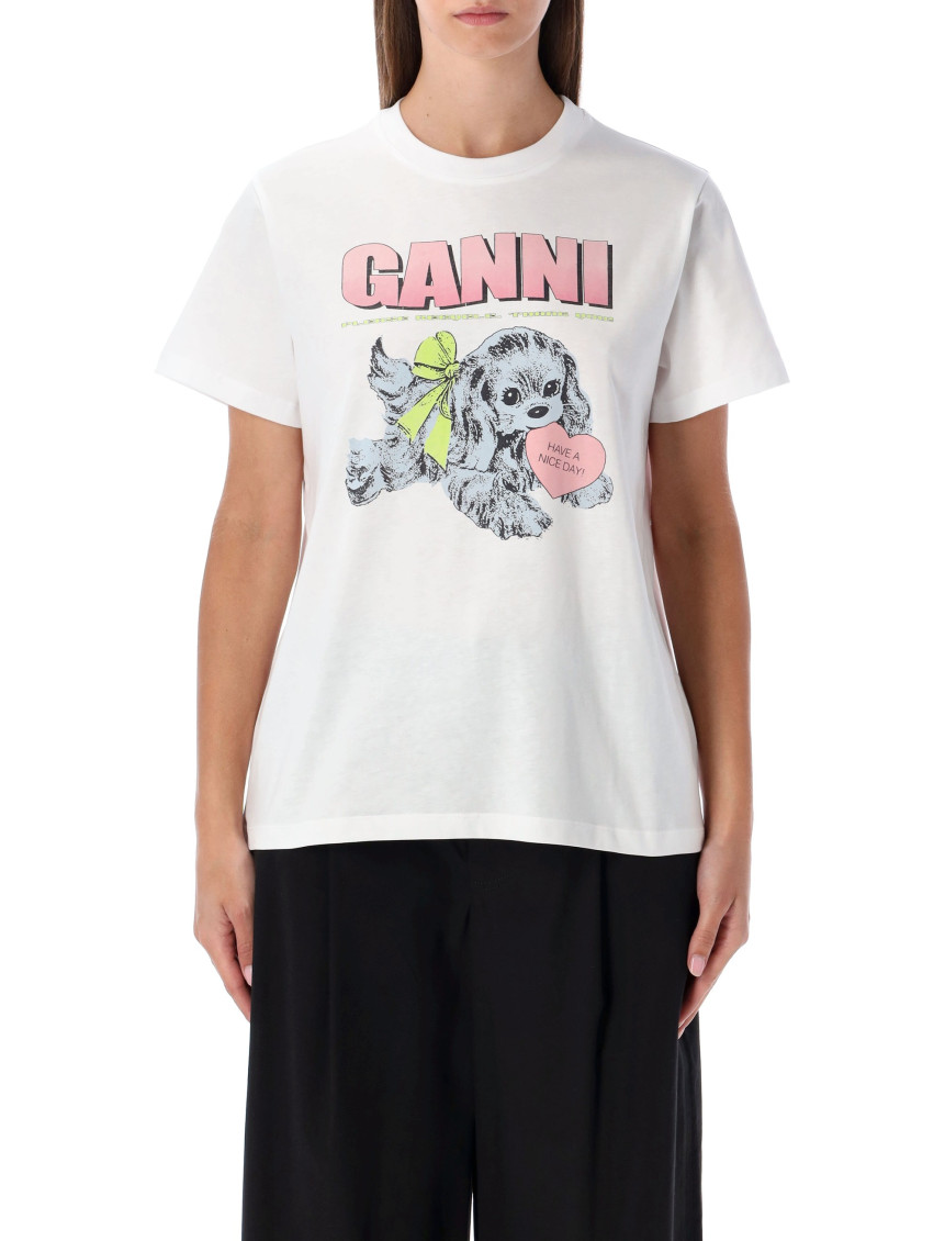 Ganni Graphic Print Crew Neck Short Sleeve Top In White
