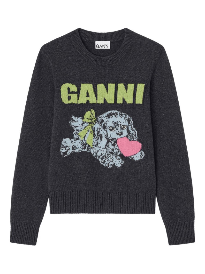 Ganni Playful Puppy Love Graphic Wool Blend Crewneck Sweater In Black