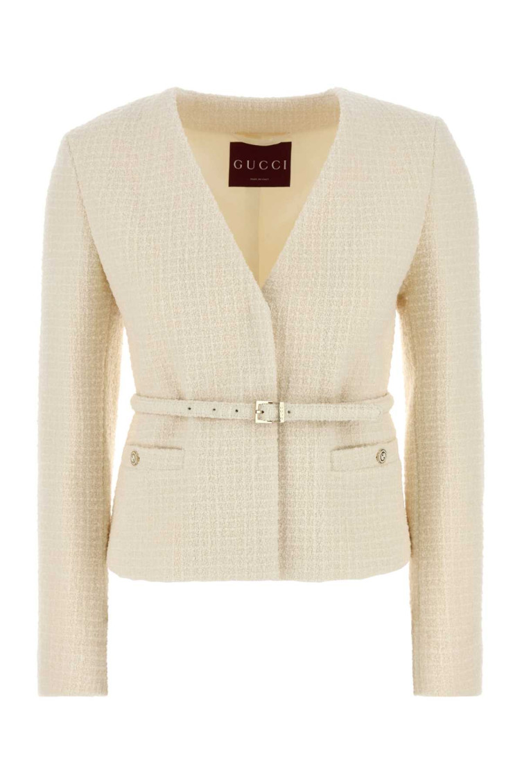 Gucci Belted Wool-blend Bouclé-tweed Jacket In Off White