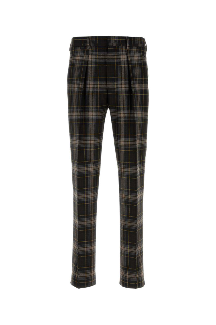 Fendi Wool Pant With Embroidered Check Pattern In Brown