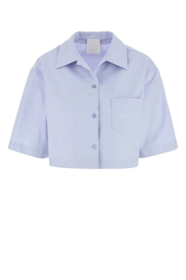 Givenchy Cropped Cotton Shirt With Embroidered Logo In Light Blue