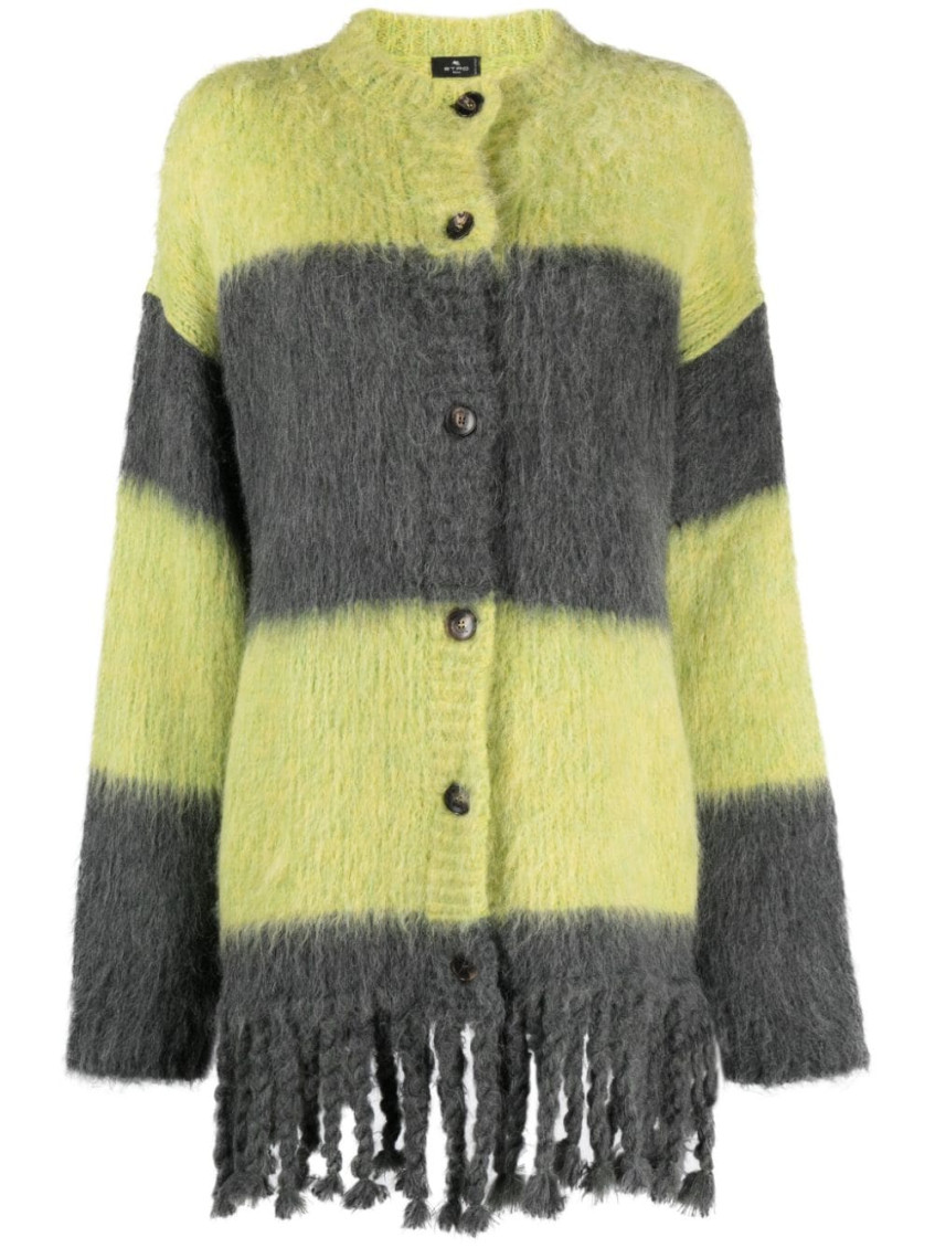 Etro Grey Grey Striped Wool Blend Cardigan In Grey