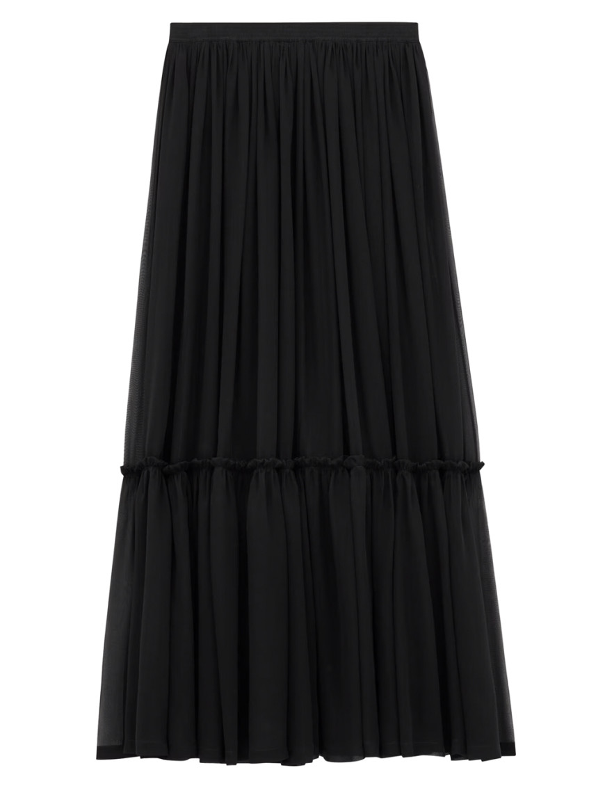 Saint Laurent Flounced Skirt In Silk Crepe Muslin In Black