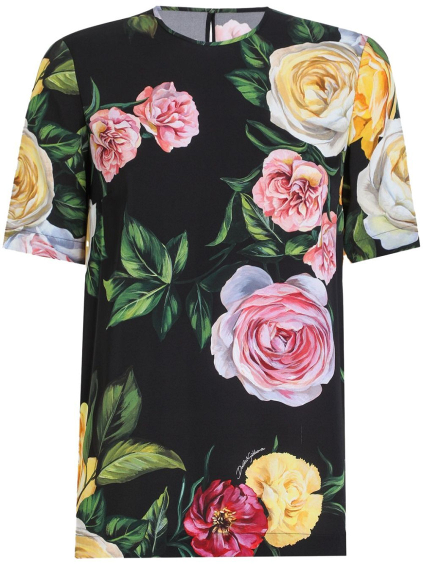 Dolce & Gabbana Peony And Rose Print Silk Charmeuse Blouse In Black