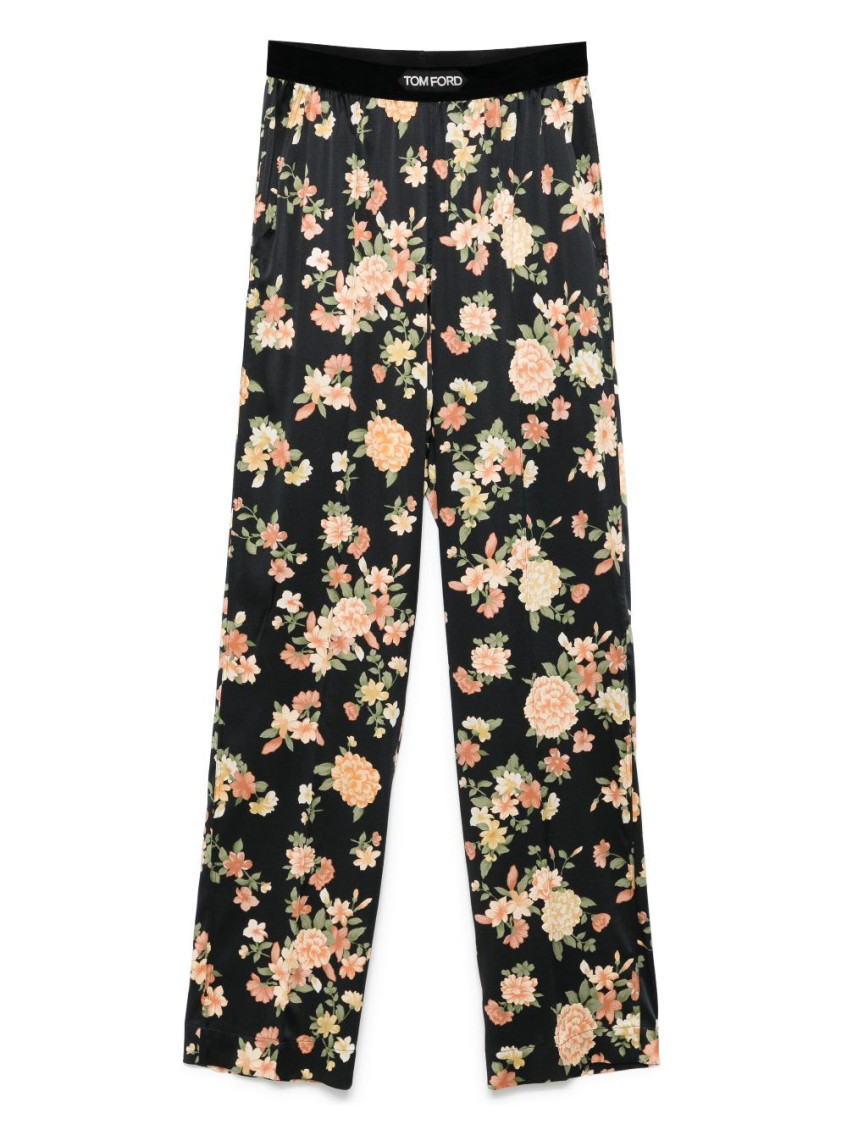 Tom Ford Wide Leg Floral Print Satin Trousers In Black