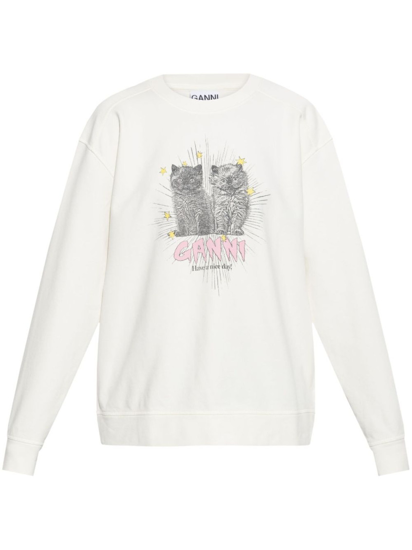 Ganni Off-white Isoli Kittens Drop Shoulder Sweatshirt In Beige