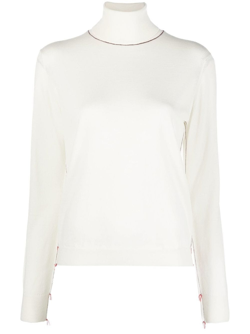 Maison Margiela White High Neck Sweater With Contrasting Stitching In Wool Woman In White