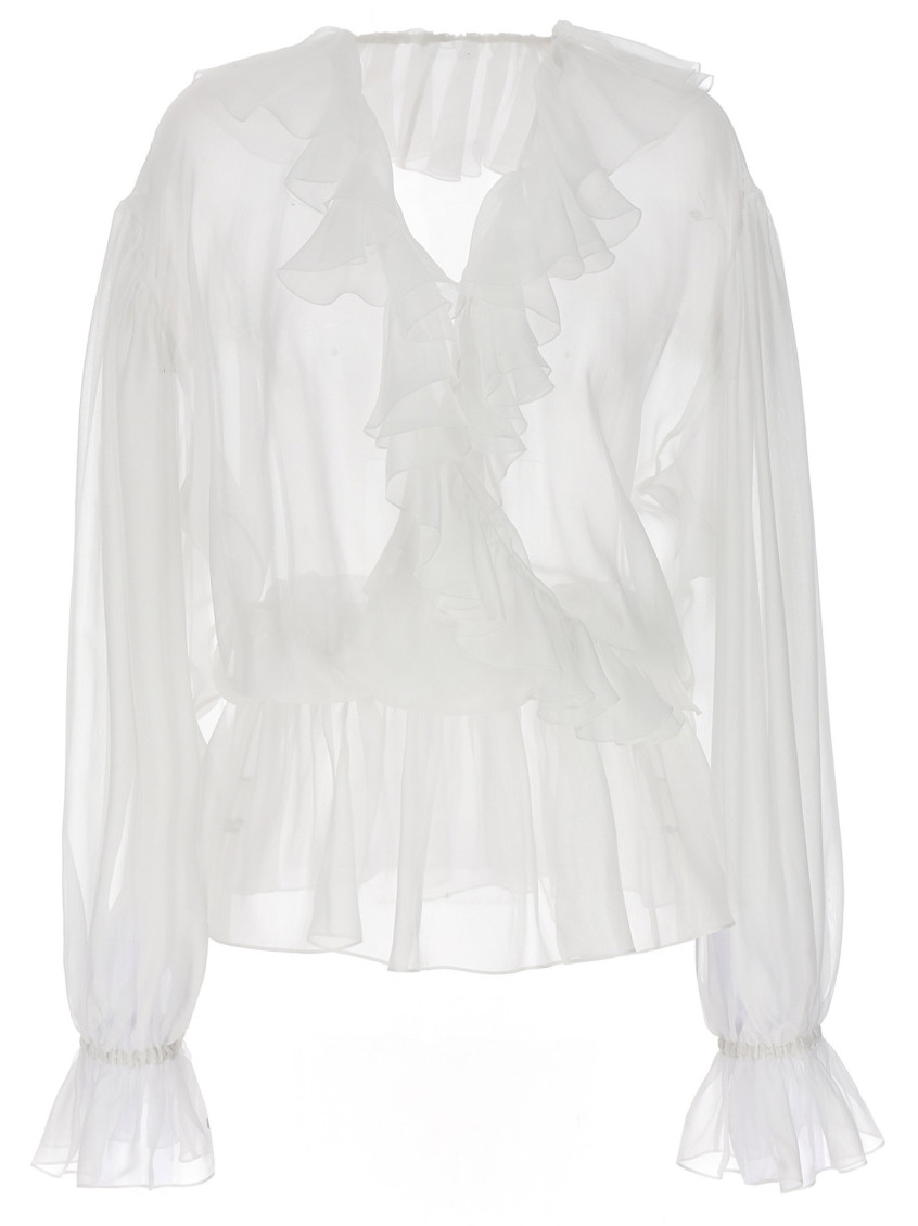 Dolce & Gabbana White Cropped Blouse With Ruffles Trim In Silk Woman In White