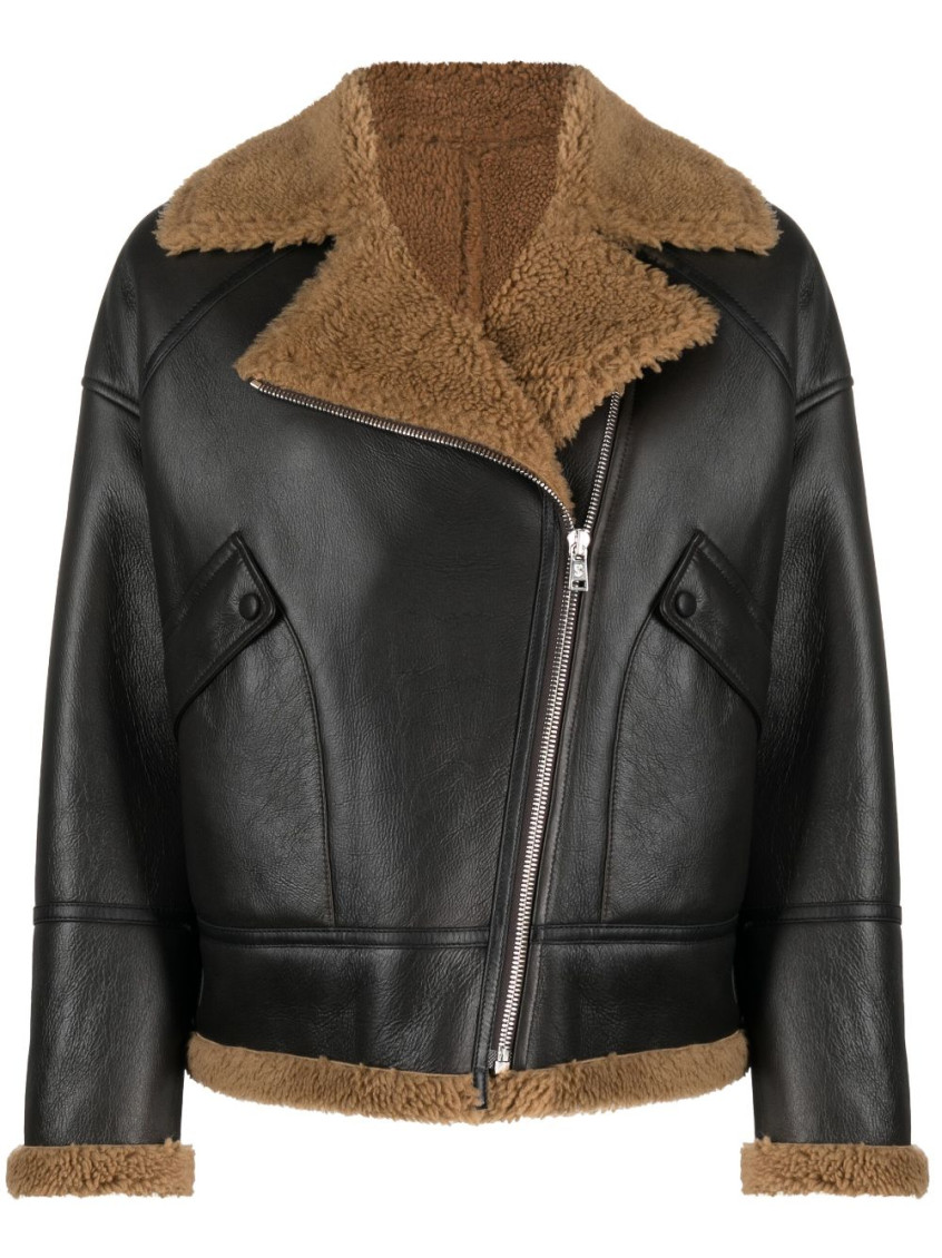 YVES SALOMON BROWN ZIP-UP LEATHER JACKET