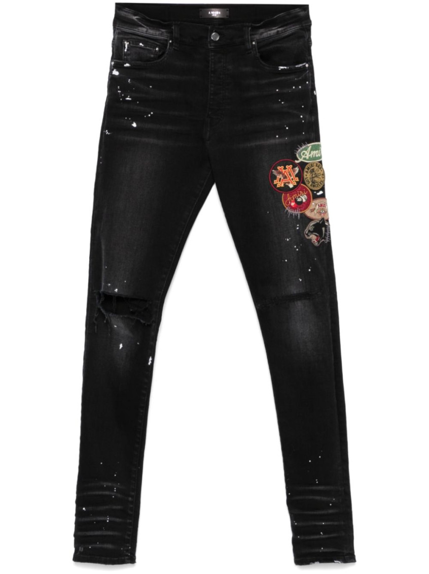Amiri Slim Fit Black Distressed Jeans With Colorful Patches In Black