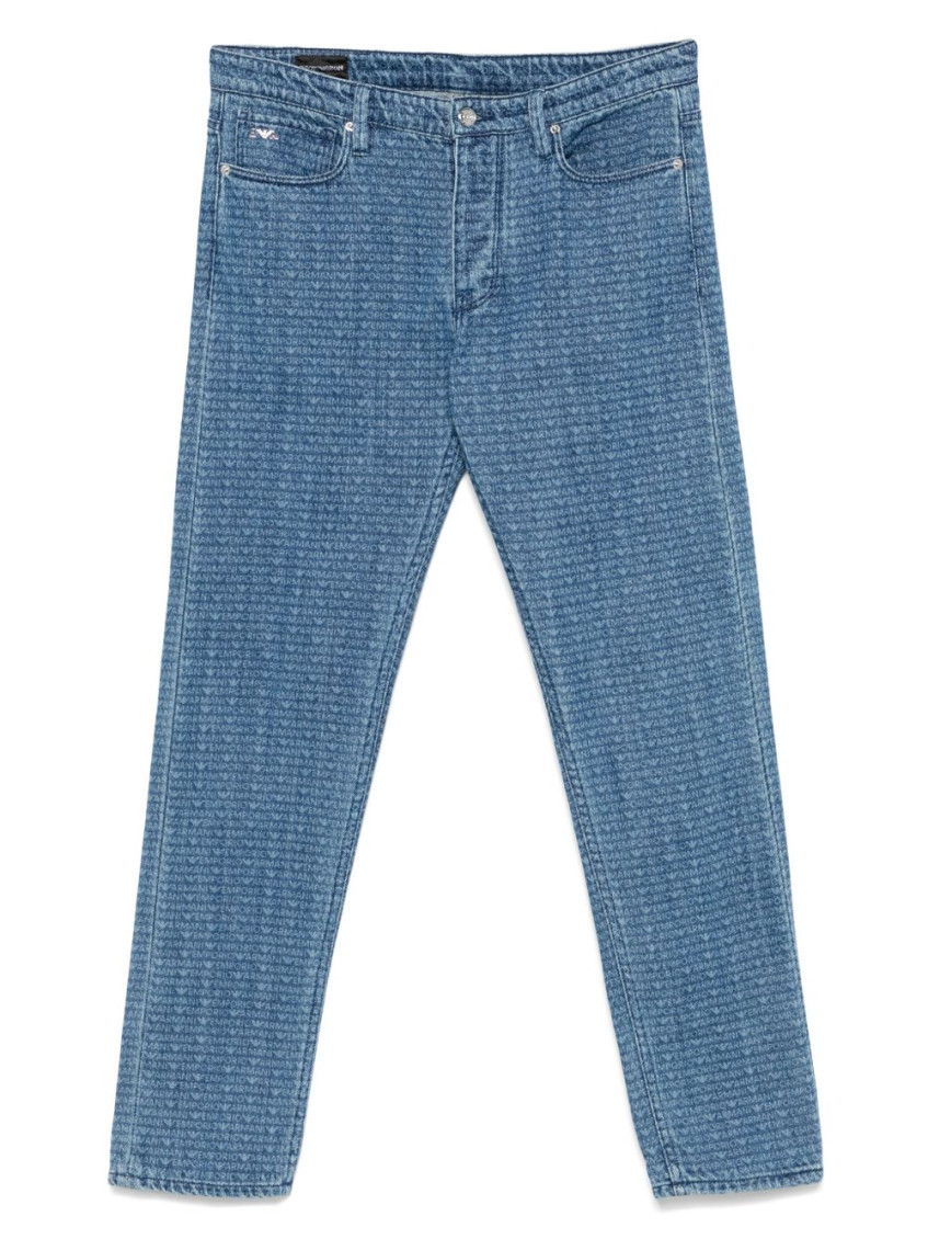 Emporio Armani Allover Logo Denim Jeans In Black