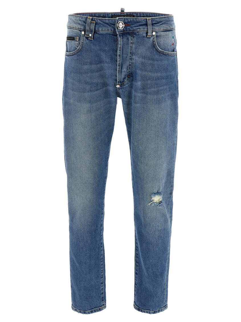 Philipp Plein Distressed Denim Trousers With Pockets And Loops