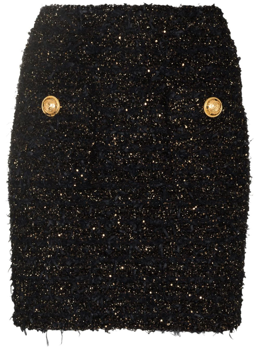 Balmain Black Pencil Mini Skirt With Jewel Buttons In Tweed Woman
