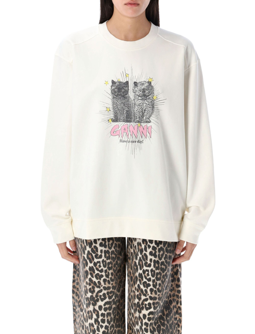 Ganni Off-white Isoli Kittens Drop Shoulder Sweatshirt