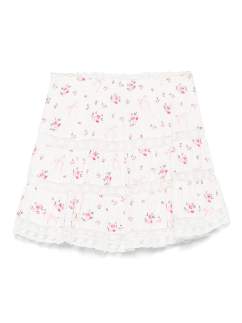 Loveshackfancy Smocked Waist Tiered Mini Skirt With Floral Embroidery In White