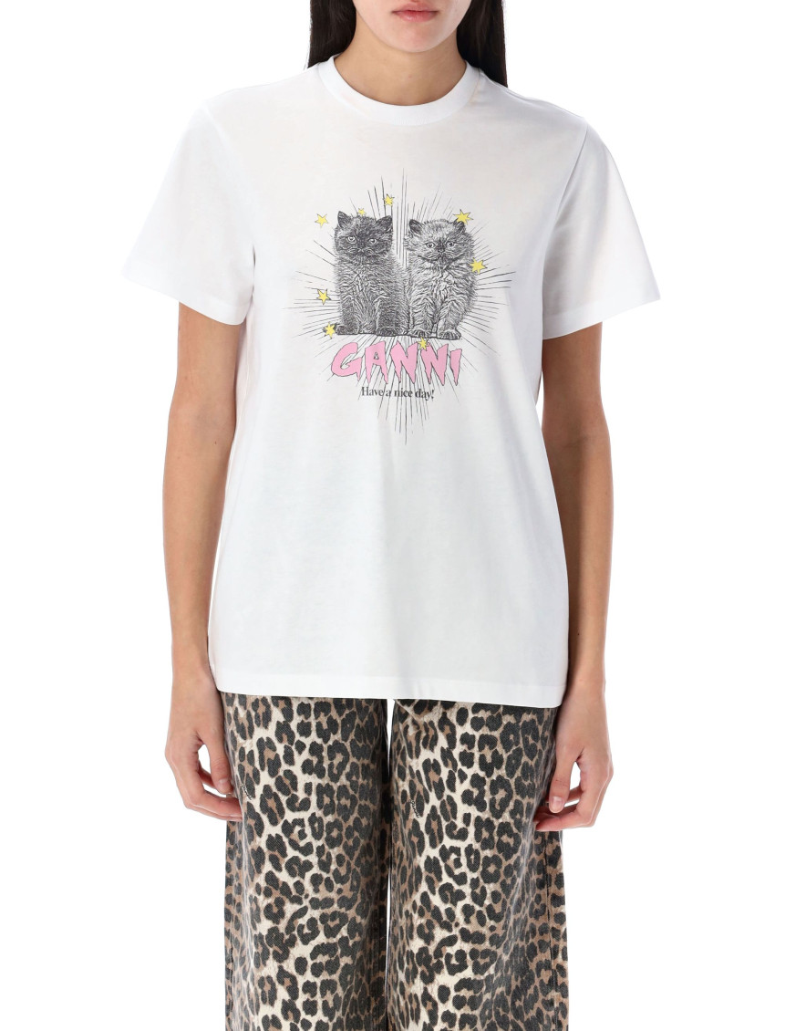 Ganni White Crewneck T-shirt With Logo Print On The Front In Cotton Woman