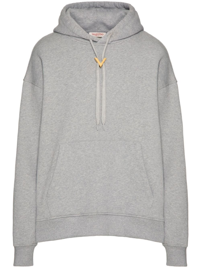 Valentino Logo Plaque Drawstring Hoodie In Grey