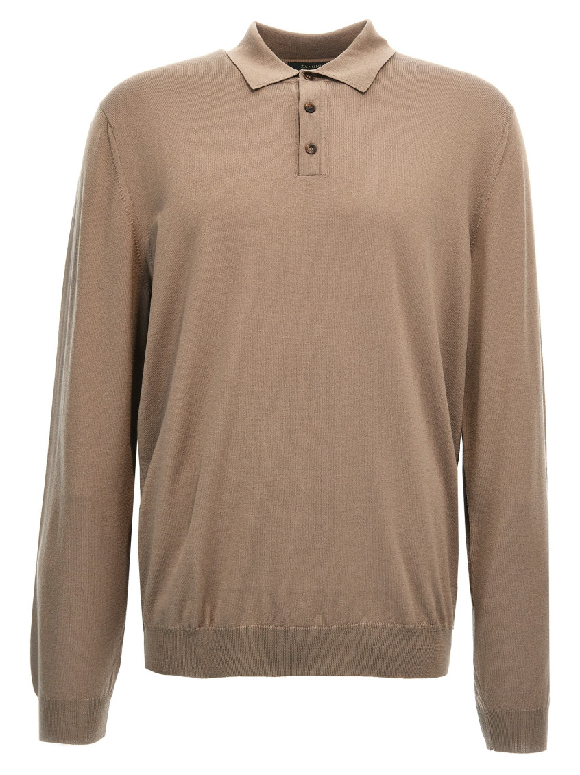 Zanone Wool Knit Polo Shirt With Classic Collar And Cuffed Sleeves In Brown