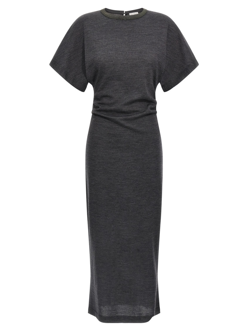 Brunello Cucinelli Wool Dress With Ruched Detail And Stretch Fabric In Gray