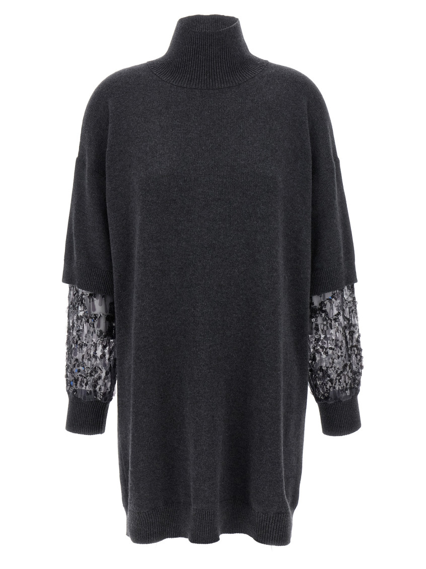 Brunello Cucinelli Sequin-embellished High-neck Mini Dress In Gray
