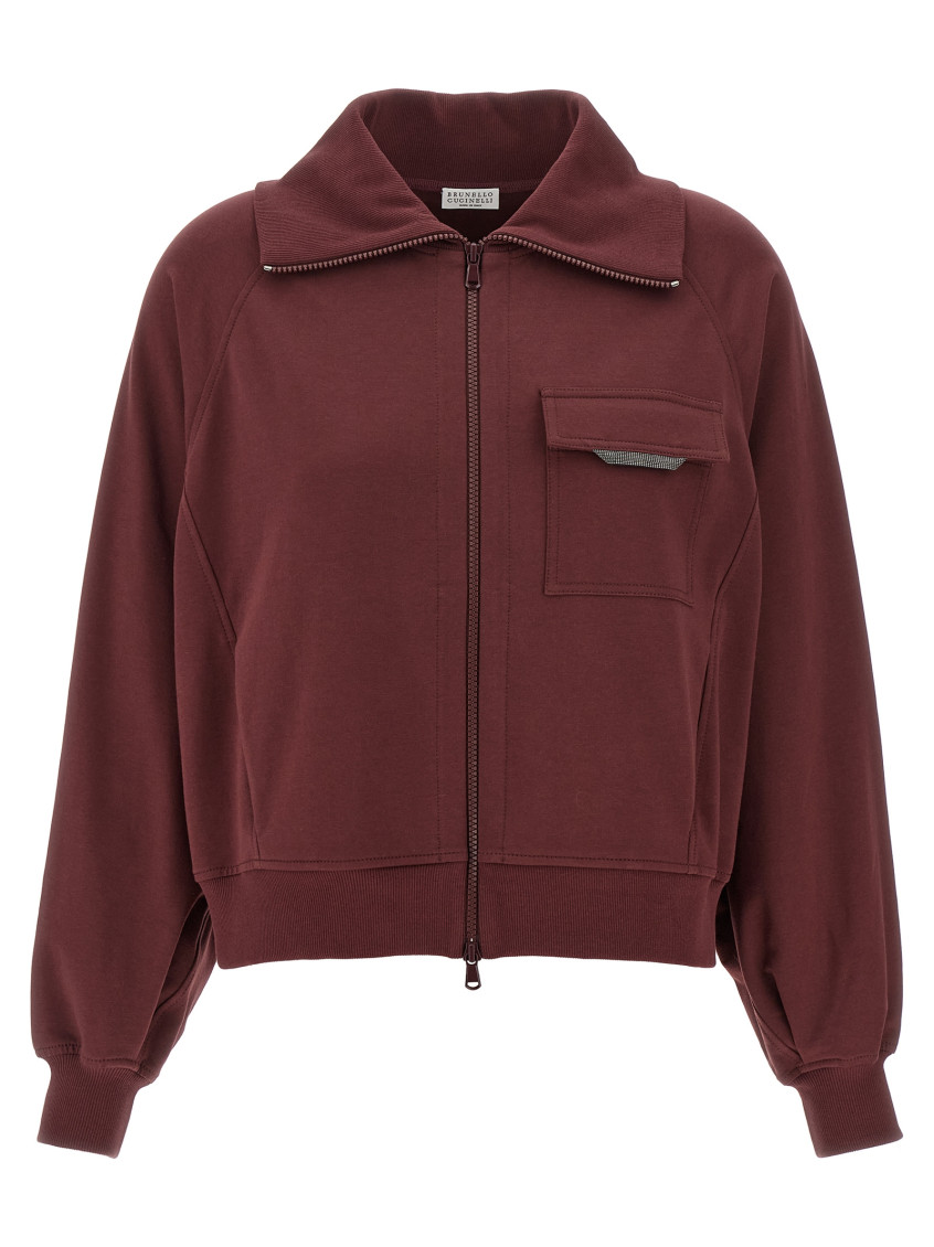 Brunello Cucinelli Maroon Shiny Flap Detail Sweatshirt In Burgundy