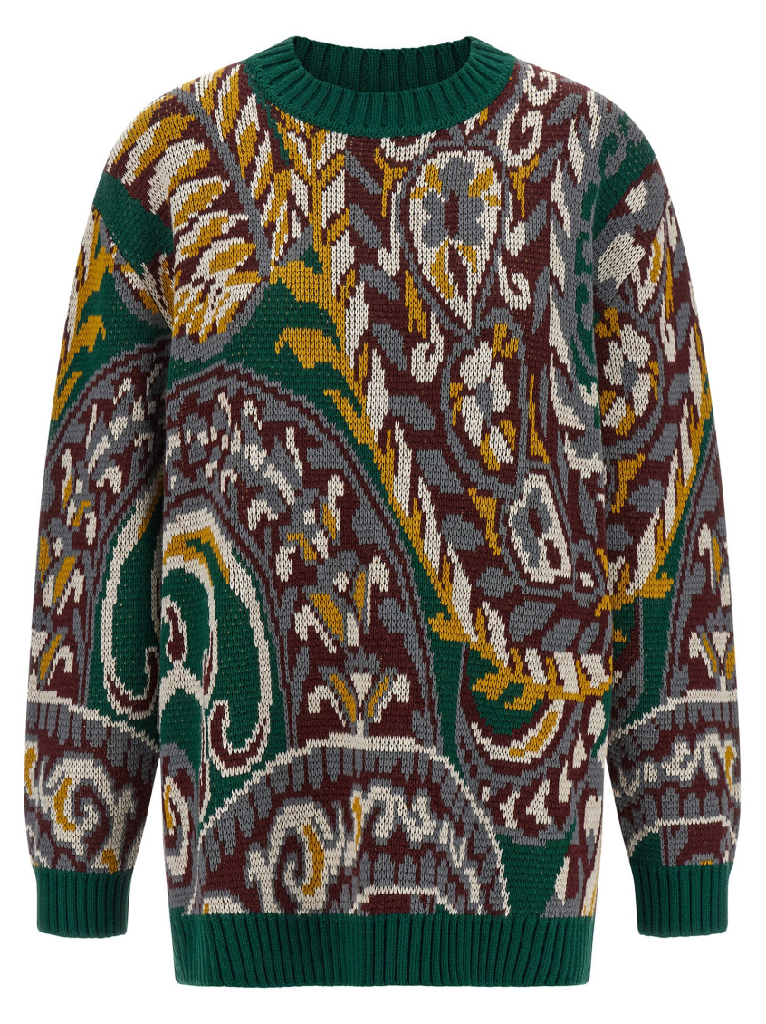 Etro Patterned Jacquard Wool Sweater With Dropped Shoulders In Multi