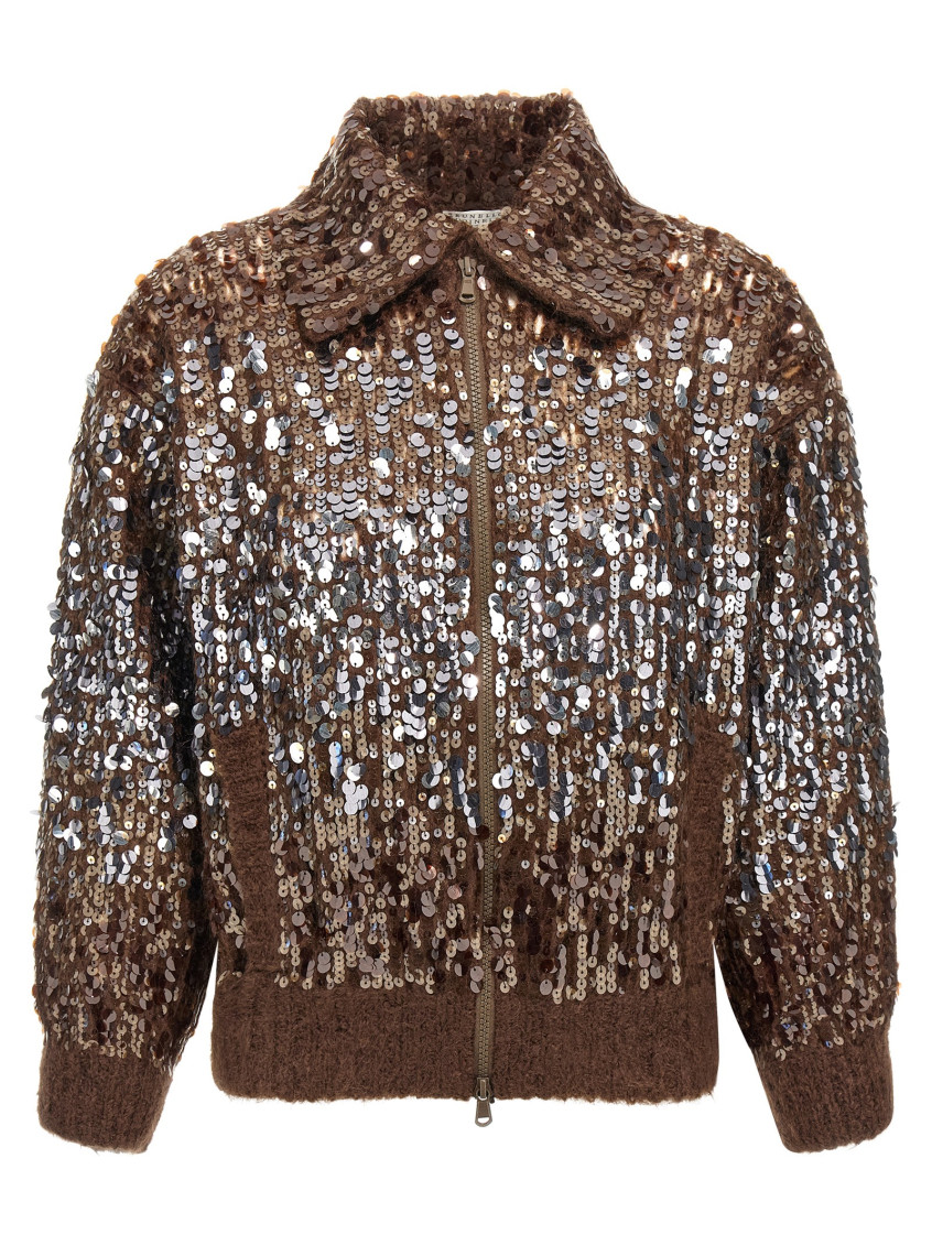 Brunello Cucinelli Sparkling Ombre Embroidery Cardigan In Brown