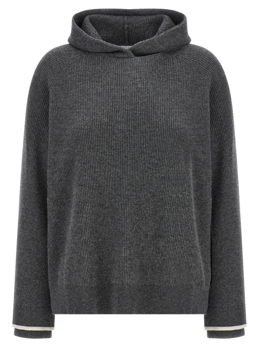 Brunello Cucinelli Ribbed Texture Hooded Sweater With Long Sleeves In Gray