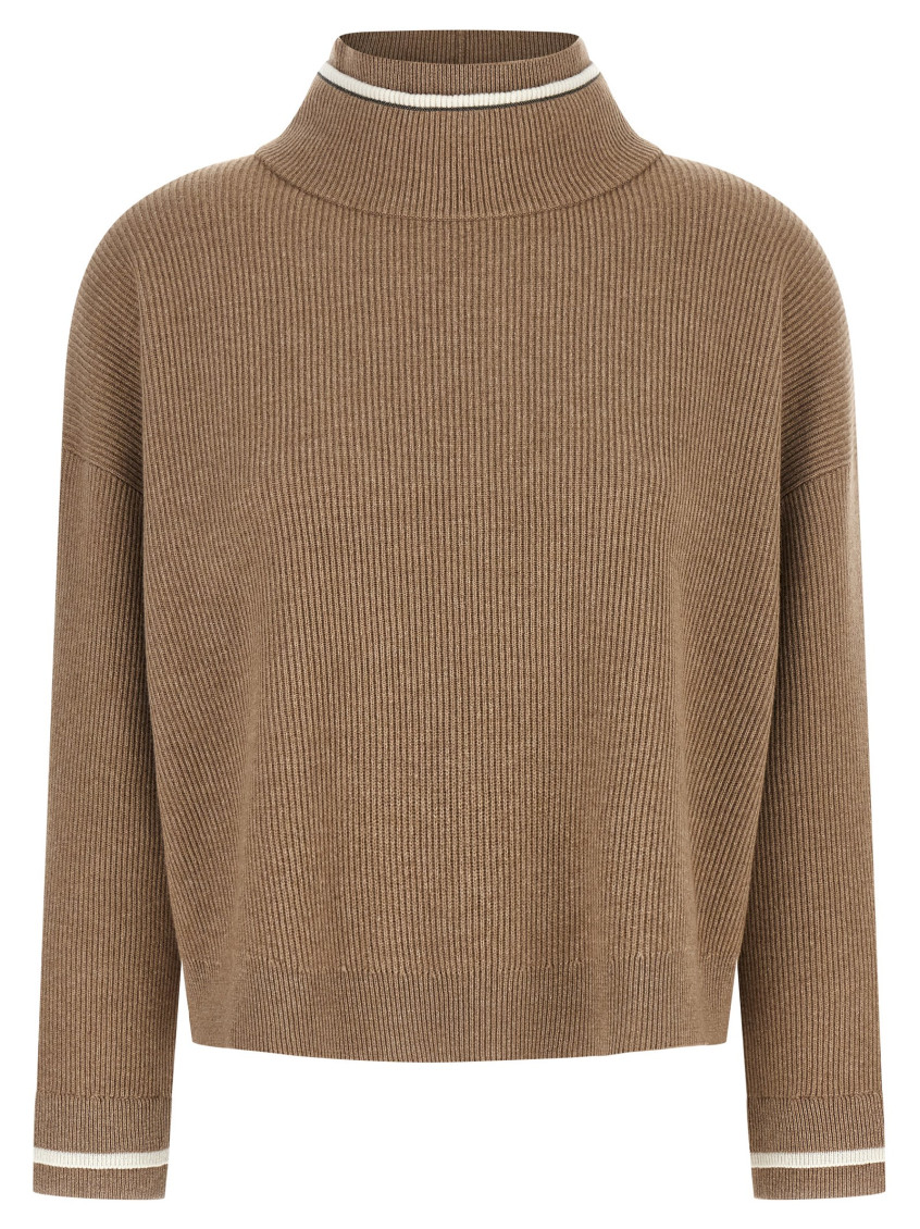 Brunello Cucinelli Ribbed Mock Neck Sweater With Contrast Trim In Brown