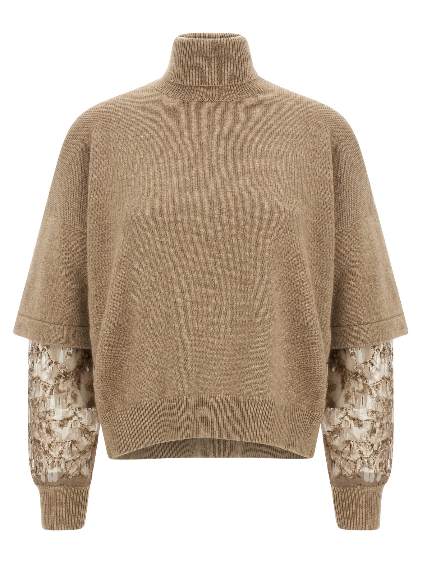 Brunello Cucinelli Turtleneck Sweater With Sequin Sleeve Embellishments In Brown