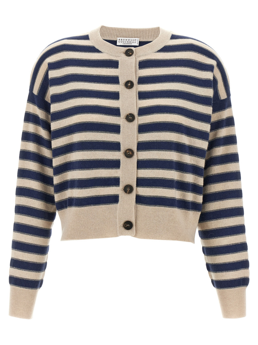 Brunello Cucinelli Shimmering Stripes Ribbed Cardigan In Multi