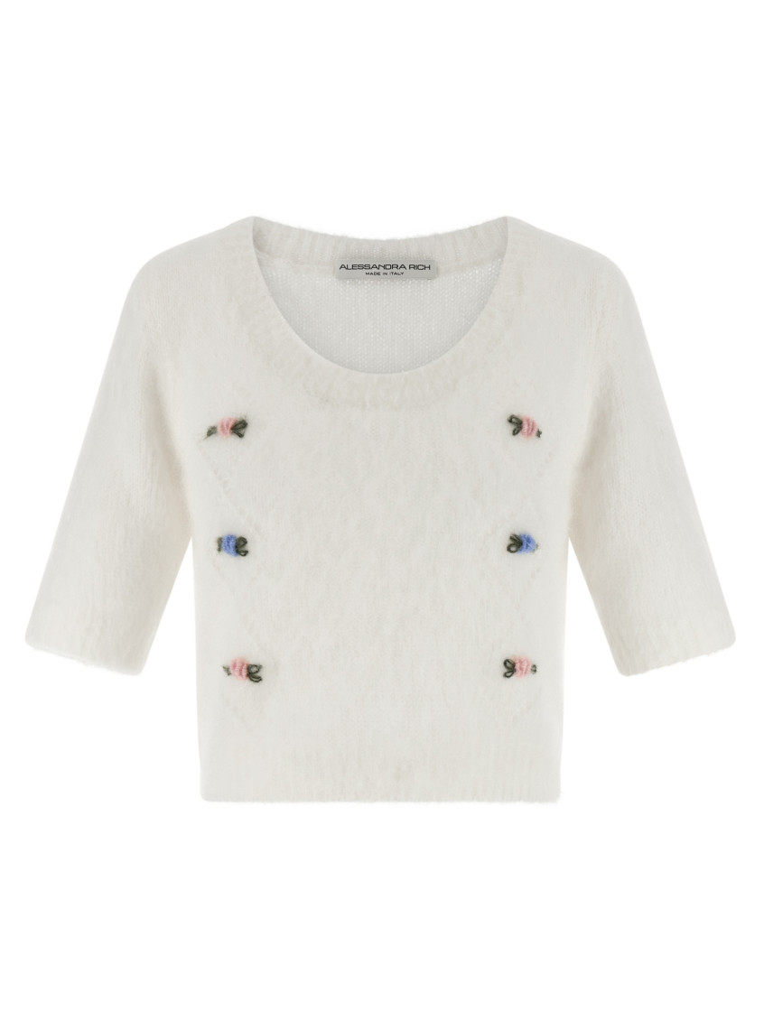Alessandra Rich Short Sleeve Mohair Sweater In White