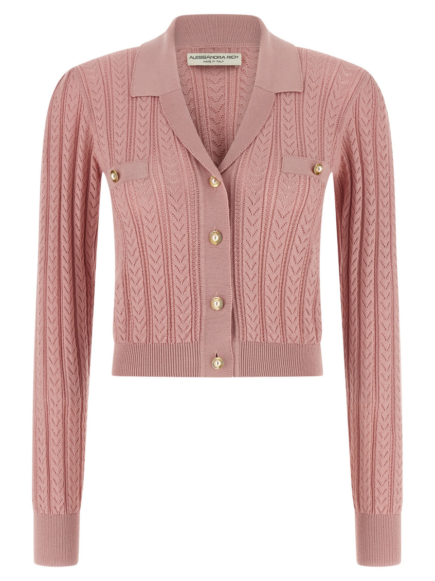 Alessandra Rich Ribbed Knit Cardigan Front Pockets In Pink