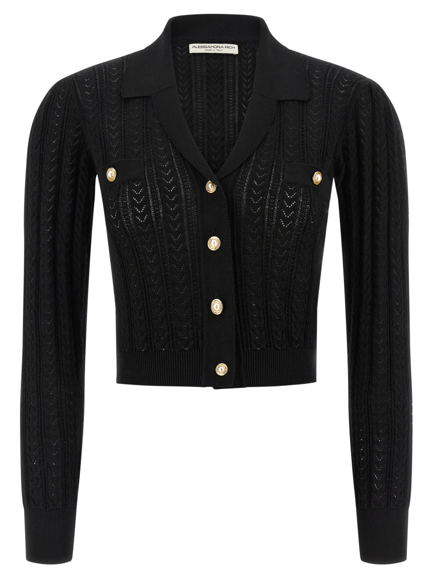 Alessandra Rich V-neck Openwork Knit Cardigan In Black