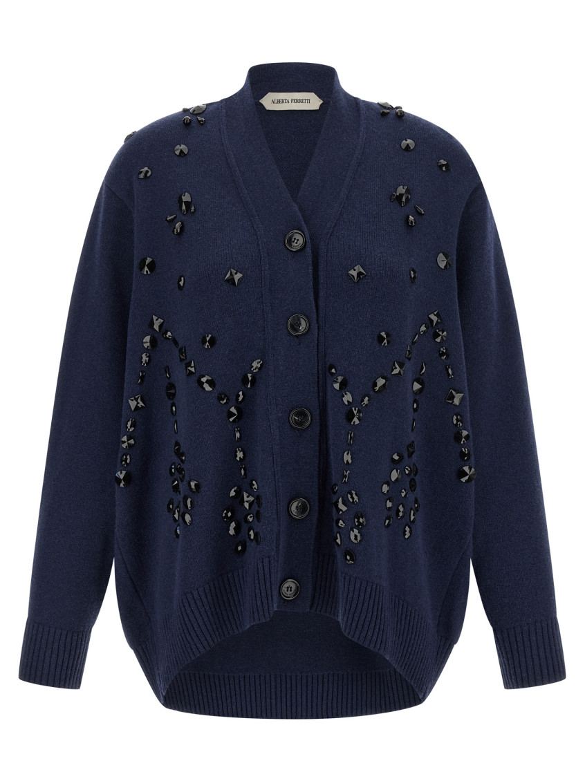 Alberta Ferretti V-neck Cashmere And Silk Blend Cardigan With Crystal Embroidery In Blue