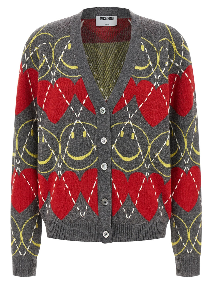 Moschino Jacquard Smile Wool Blend Cardigan In Multi