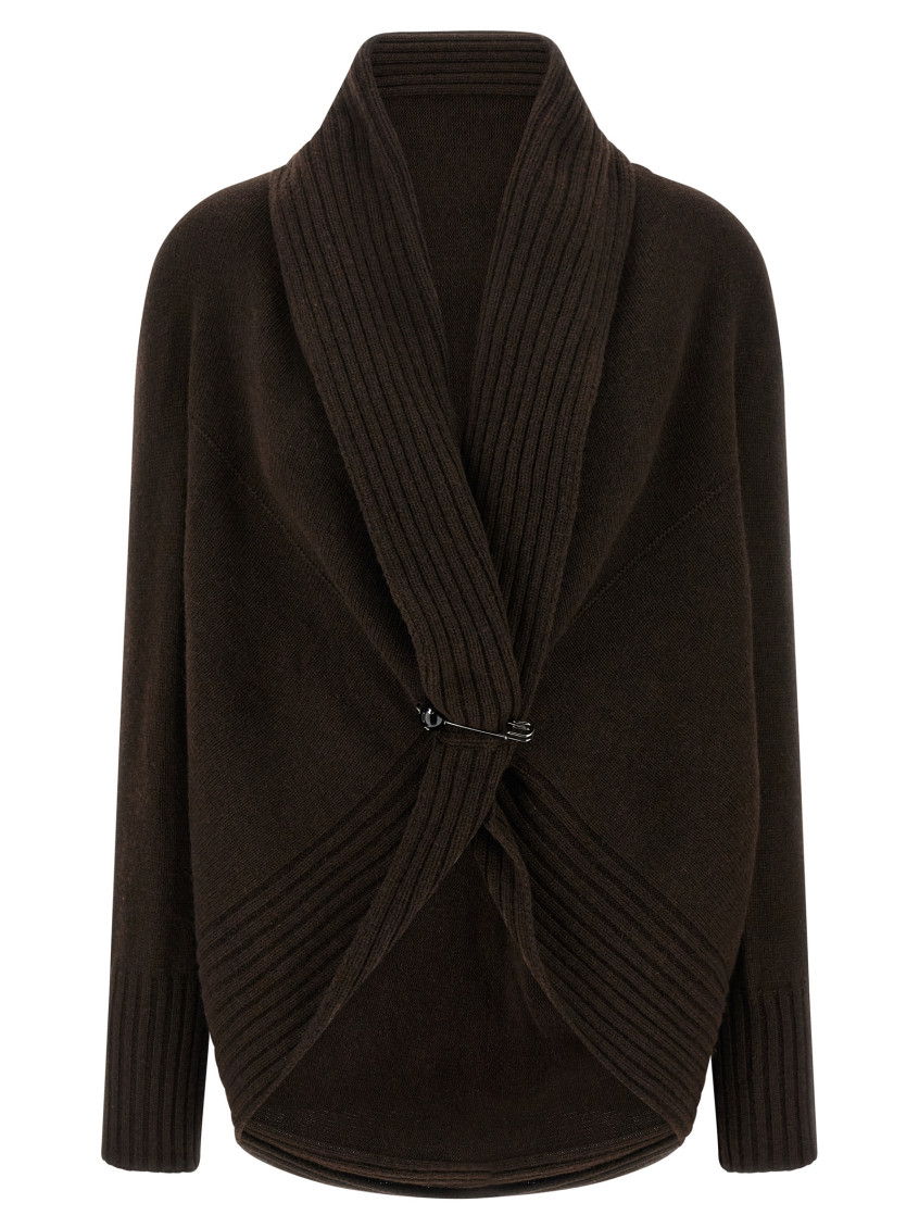 Alberta Ferretti Shawl Collar Knit Cardigan Brooch In Brown
