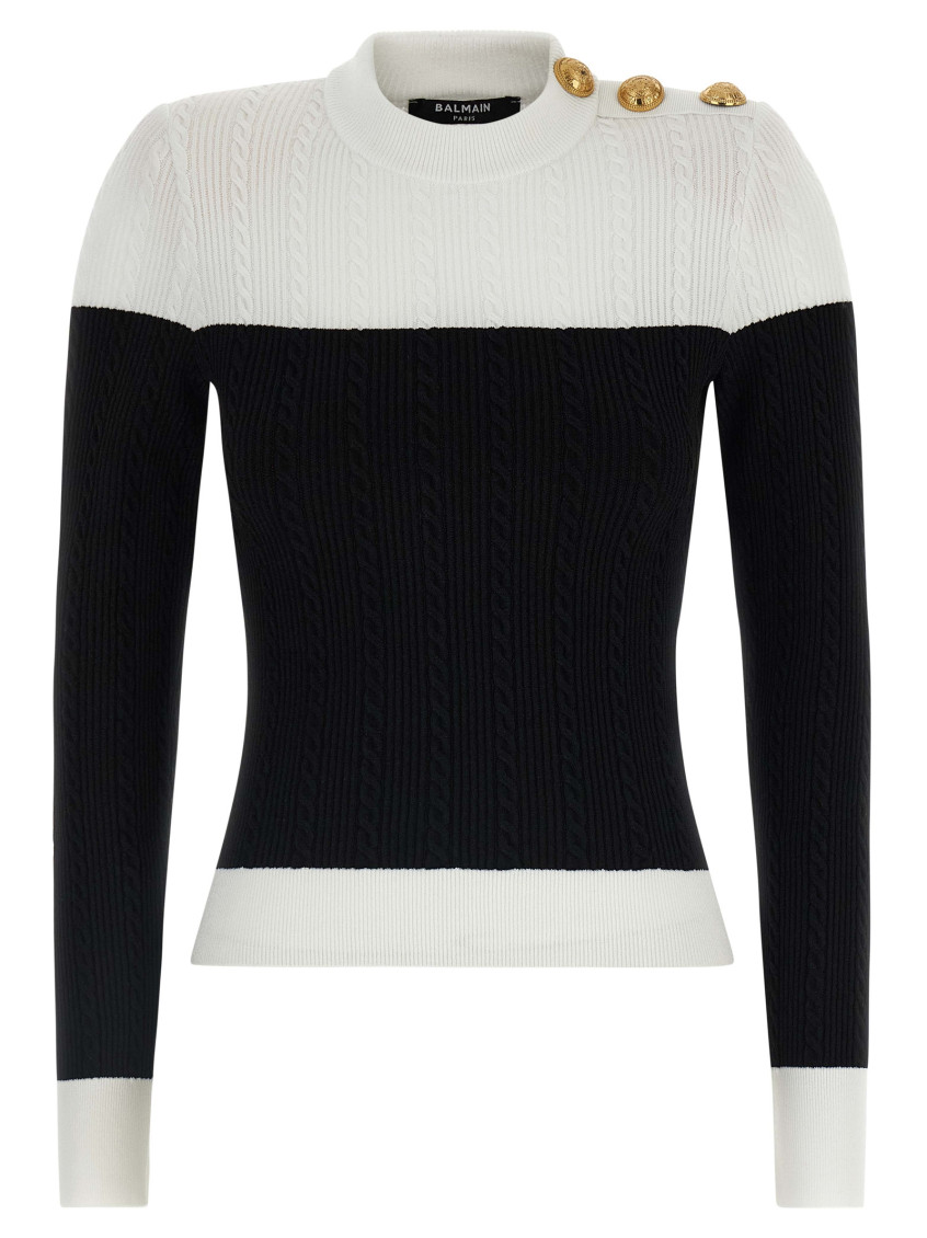 Balmain 3-button Twisted Knit Colorblock Top In Black