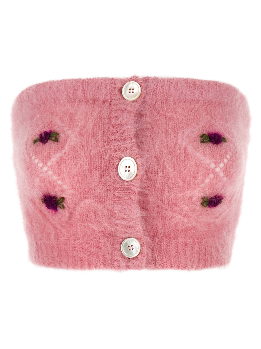 Alessandra Rich Mohair Top With Button Detailing And Floral Embroidery In Pink