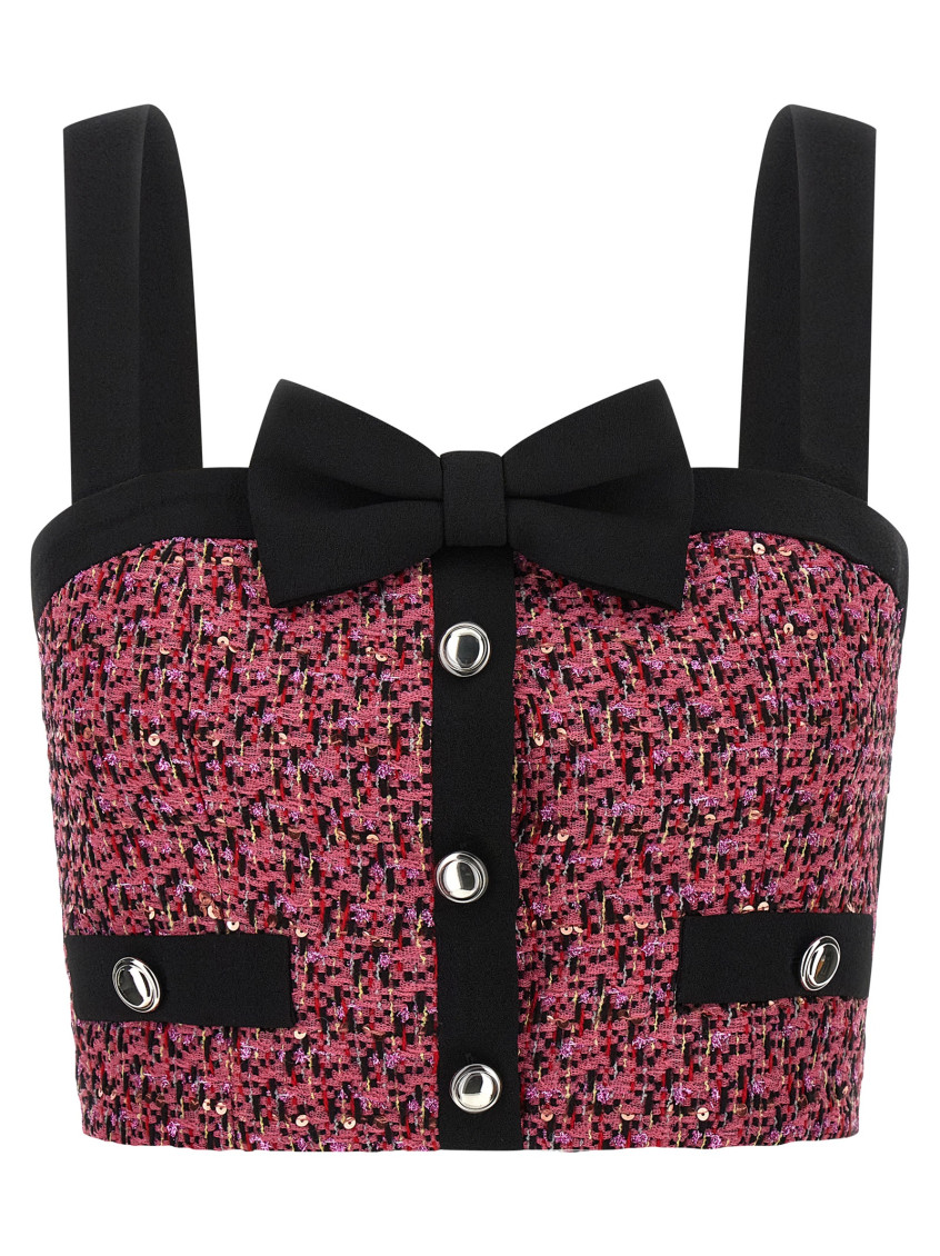 Alessandra Rich Wool Blend Tweed Top With Micro-sequin Embroidery And Bow Detail In Brown
