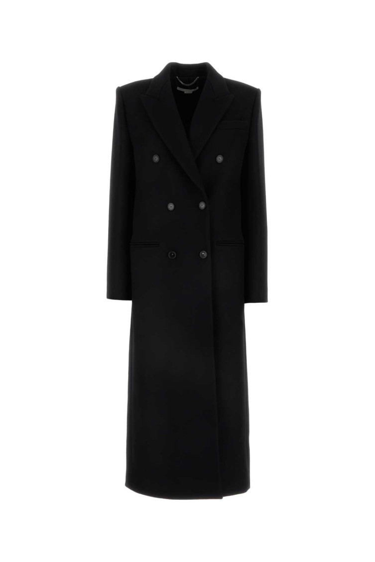 Stella Mccartney Long Double Breasted Wool Overcoat In Black
