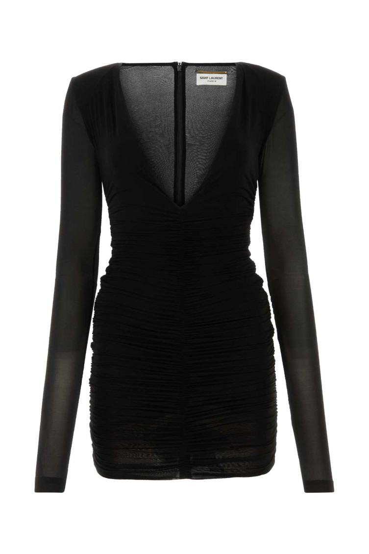 SAINT LAURENT BLACK DEEP V NECK MINI DRESS