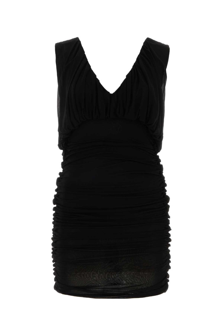 Saint Laurent Ruched V-neck Mini Dress In Black