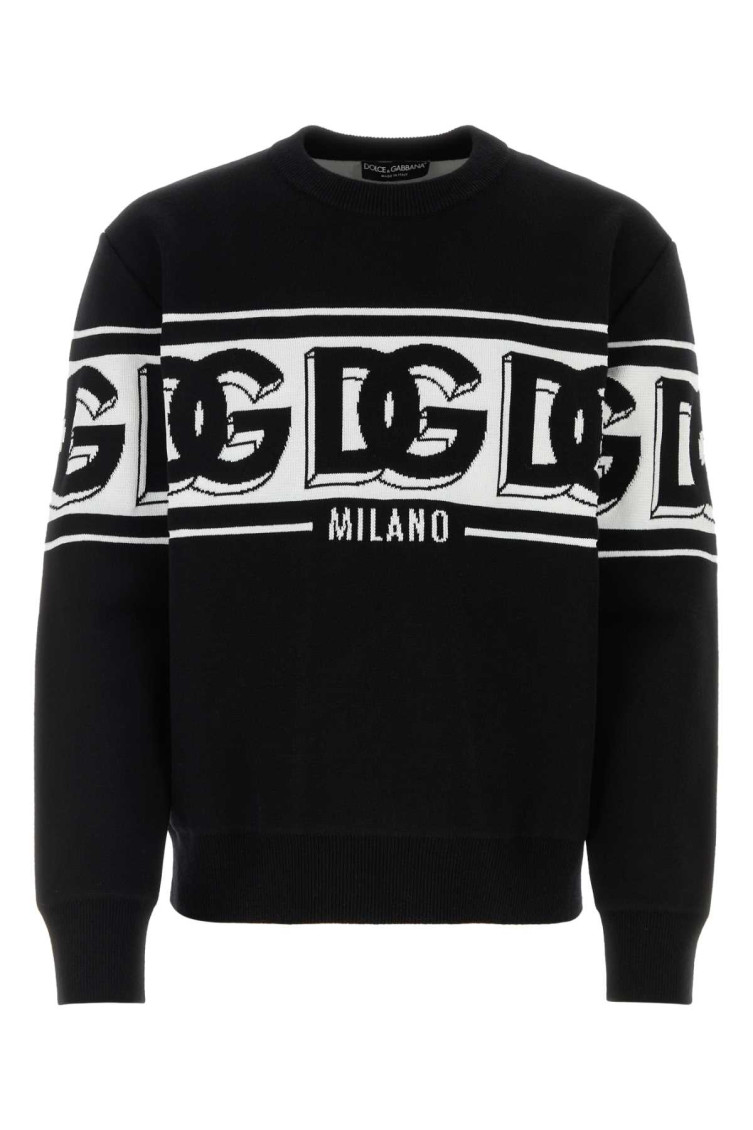 Dolce & Gabbana Black Crewneck Sweater With Dg Motif In Wool Blend Man In Black